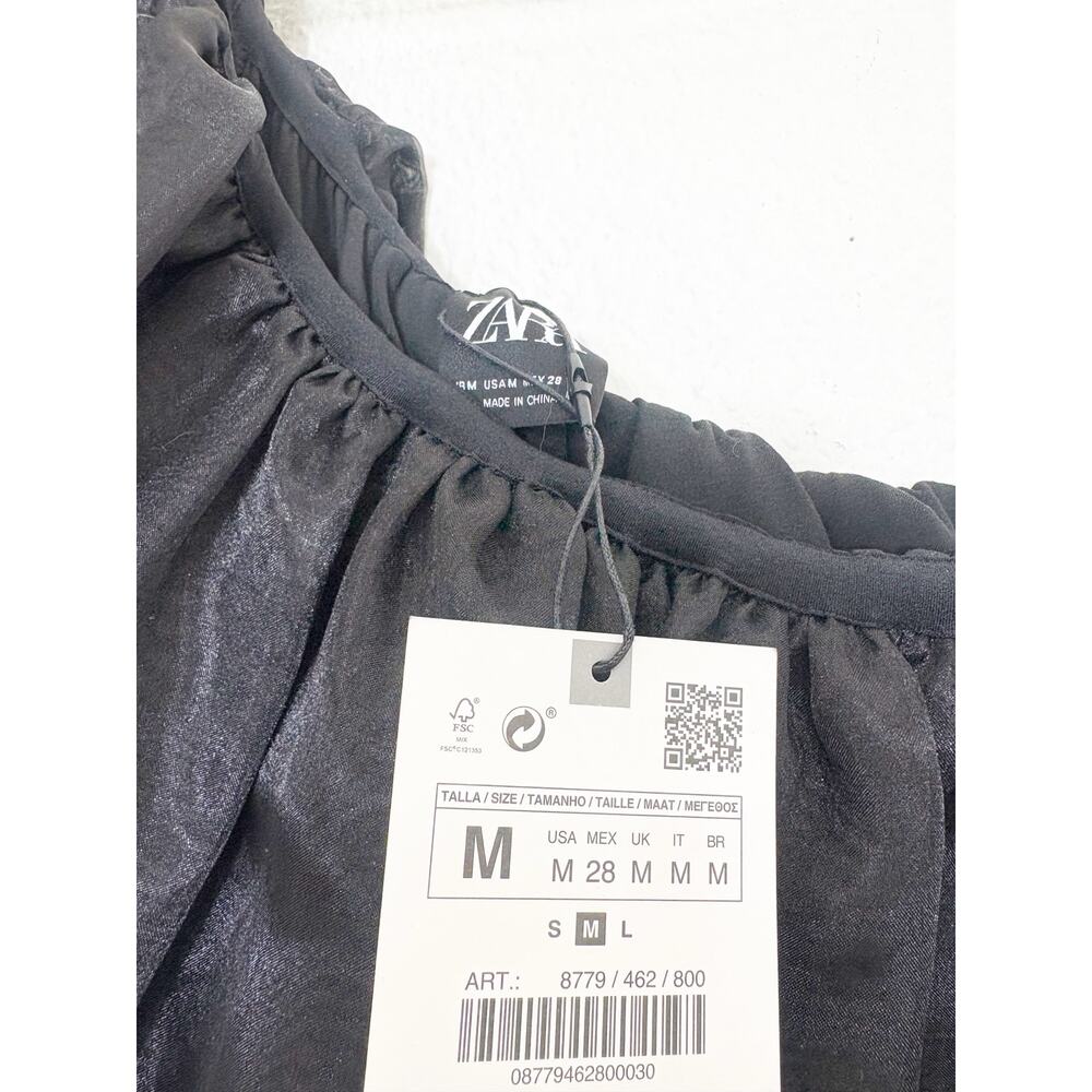 Zara Black Satin Midi Dress Organza Ruffle Puff Sleeve Medium 8779/462 NWT - Picture 5 of 13